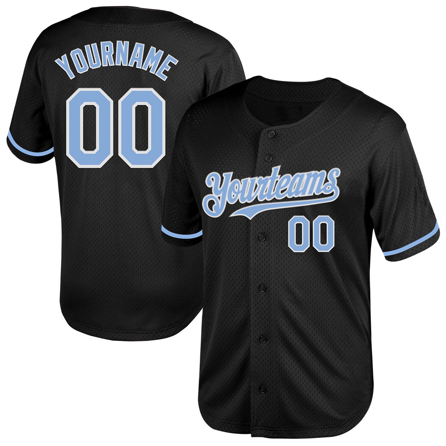 Personalized Black Light Blue-White Mesh Baseball Jersey for Throwback Style Personalized Black Light Blue-White Mesh Throwback