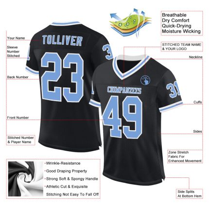 Personalized Black Light Blue White Mesh Football Jersey - Custom Throwback Style Personalized Black Light Blue-White Mesh
