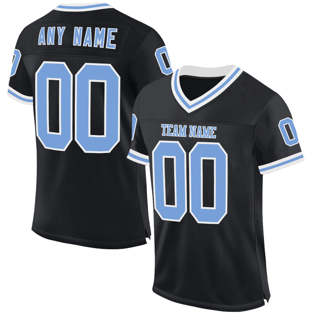 Personalized Black Light Blue White Mesh Football Jersey - Custom Throwback Style Personalized Black Light Blue-White Mesh