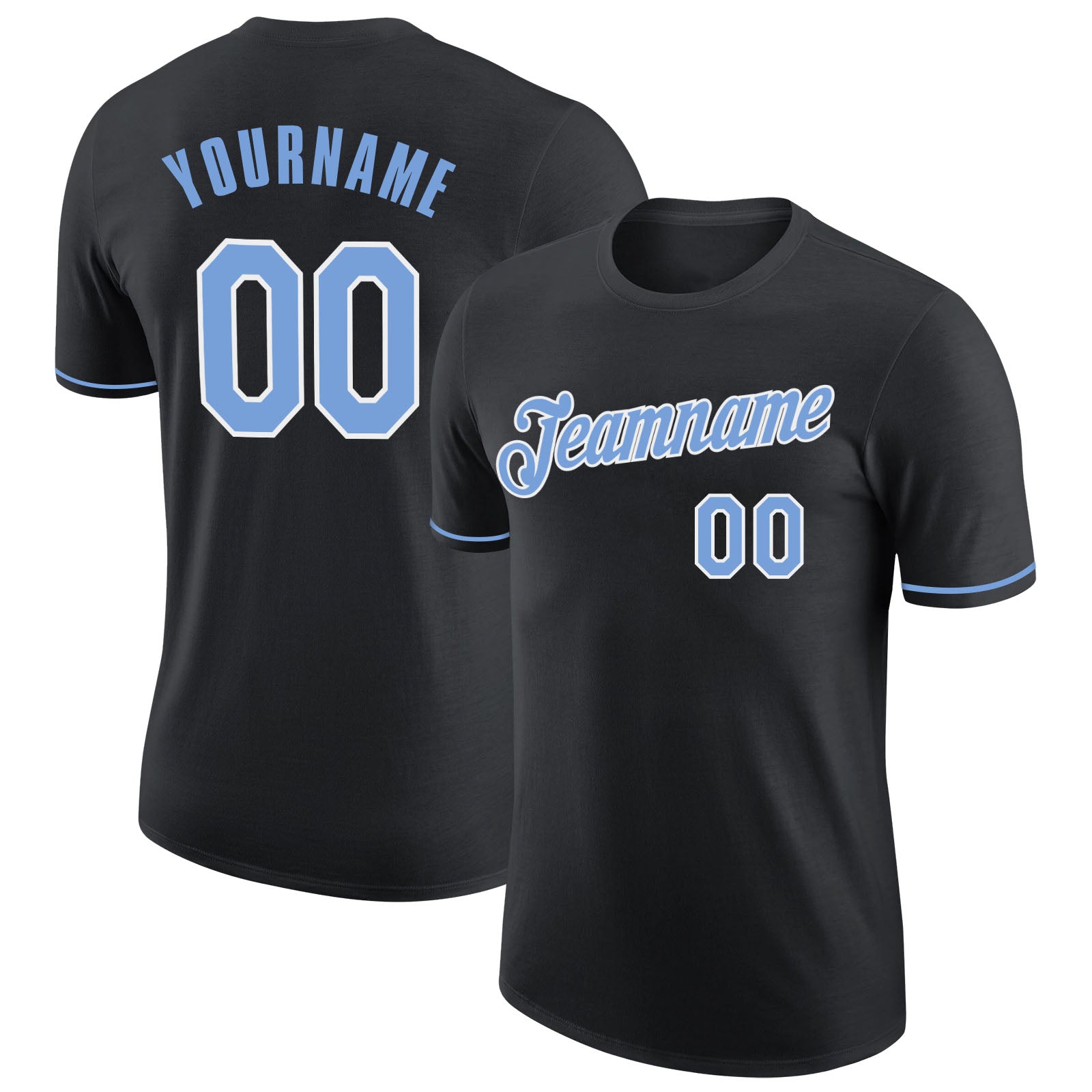 Custom Team Name Number Performance T-Shirt Black Light Blue White Personalized for Sports Personalized Black Light Blue-White