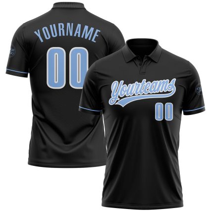 Custom Name and Number Personalized Black Light Blue-White Golf Polo Shirt - Performance Vapor Team Apparel Personalized