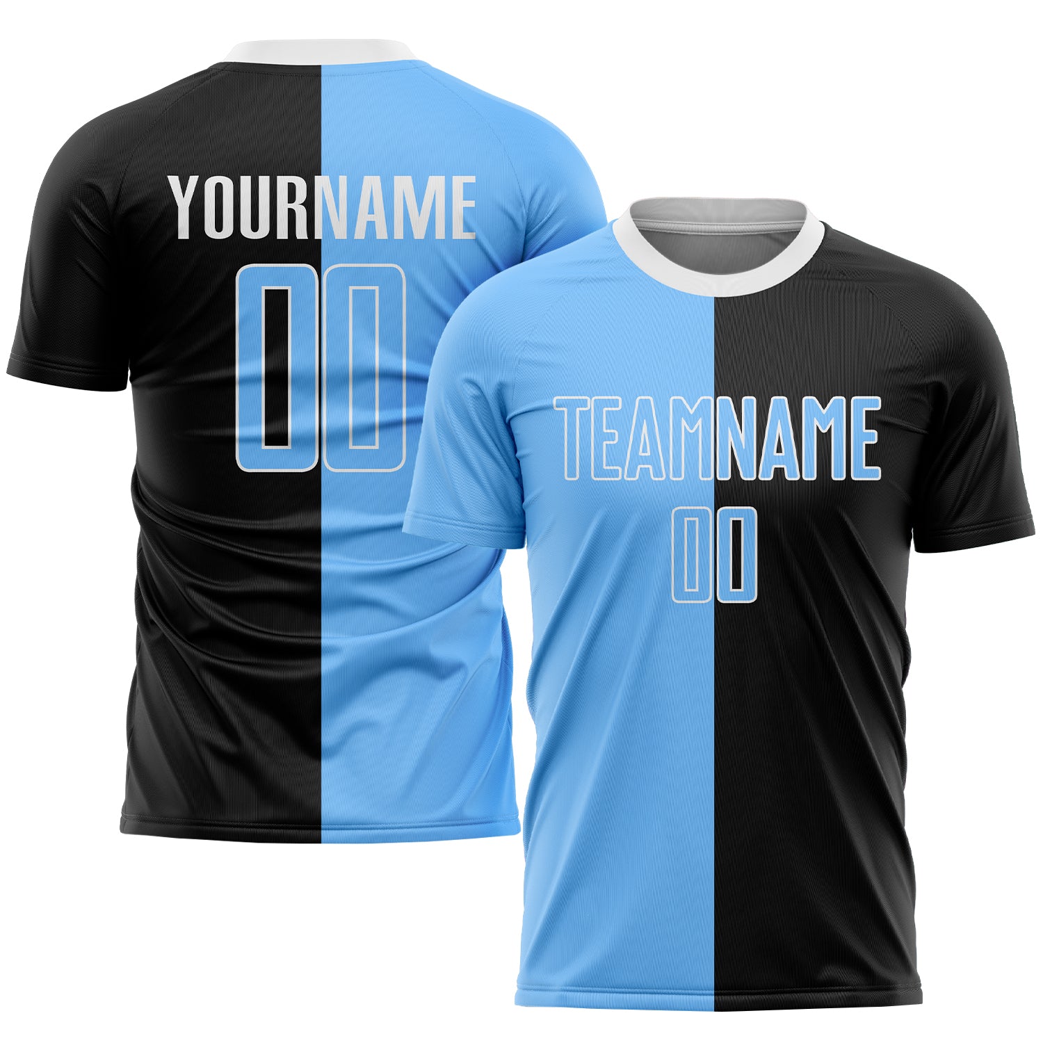 Custom Team Soccer Jersey with Personalized Name & Number - Black Light Blue-White Sublimation Split Fashion Uniform Personalized