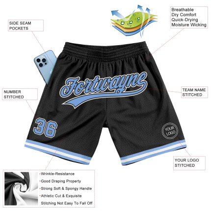 Personalized Black Light Blue White Throwback Basketball Shorts for Men 3 Personalized Black Light Blue-White Throwback Basketball