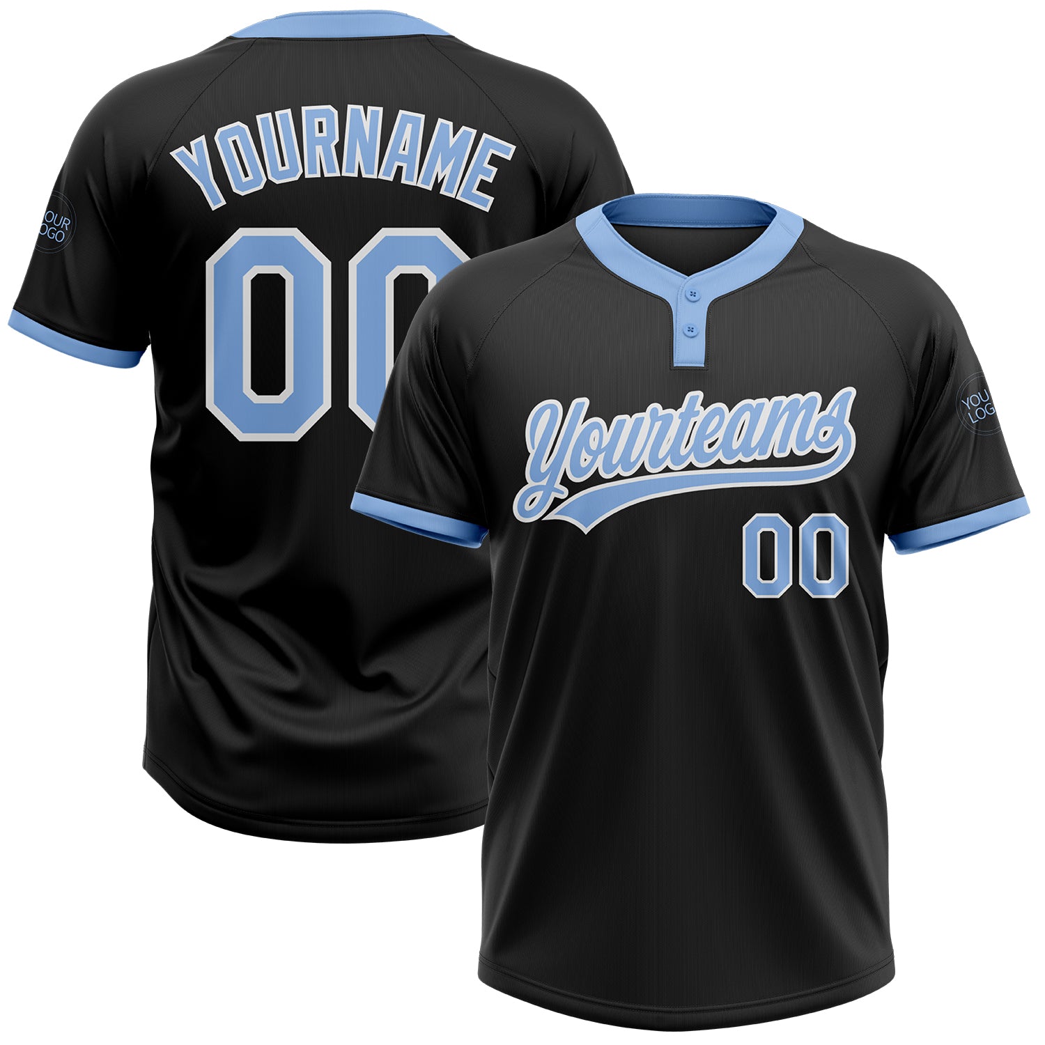 Custom Name and Number Unisex Softball Jersey - Personalized Black Light Blue-White Two-Button Design Personalized Black