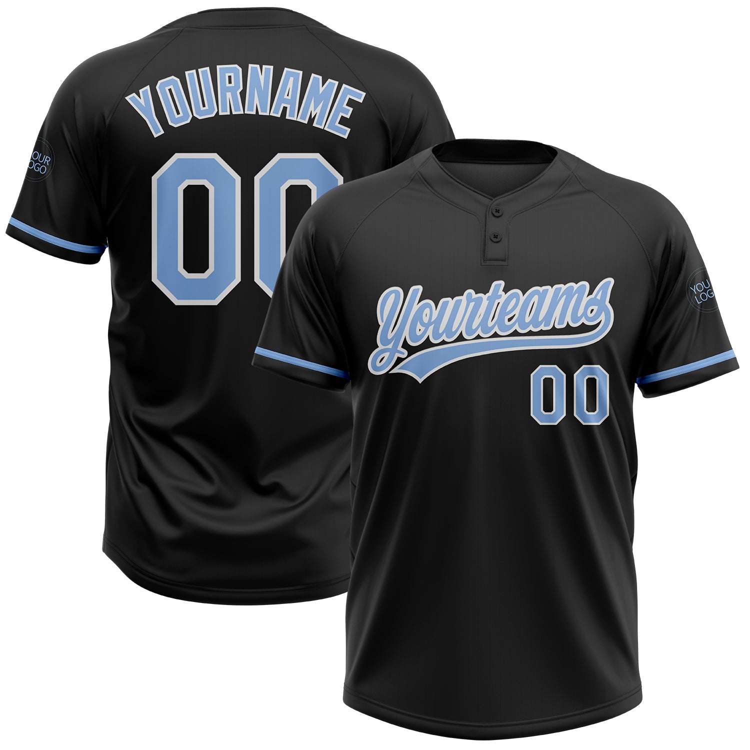Personalized Unisex Softball Jersey Black Light Blue-White Two-Button Design Personalized Black Light Blue-White Two-Button