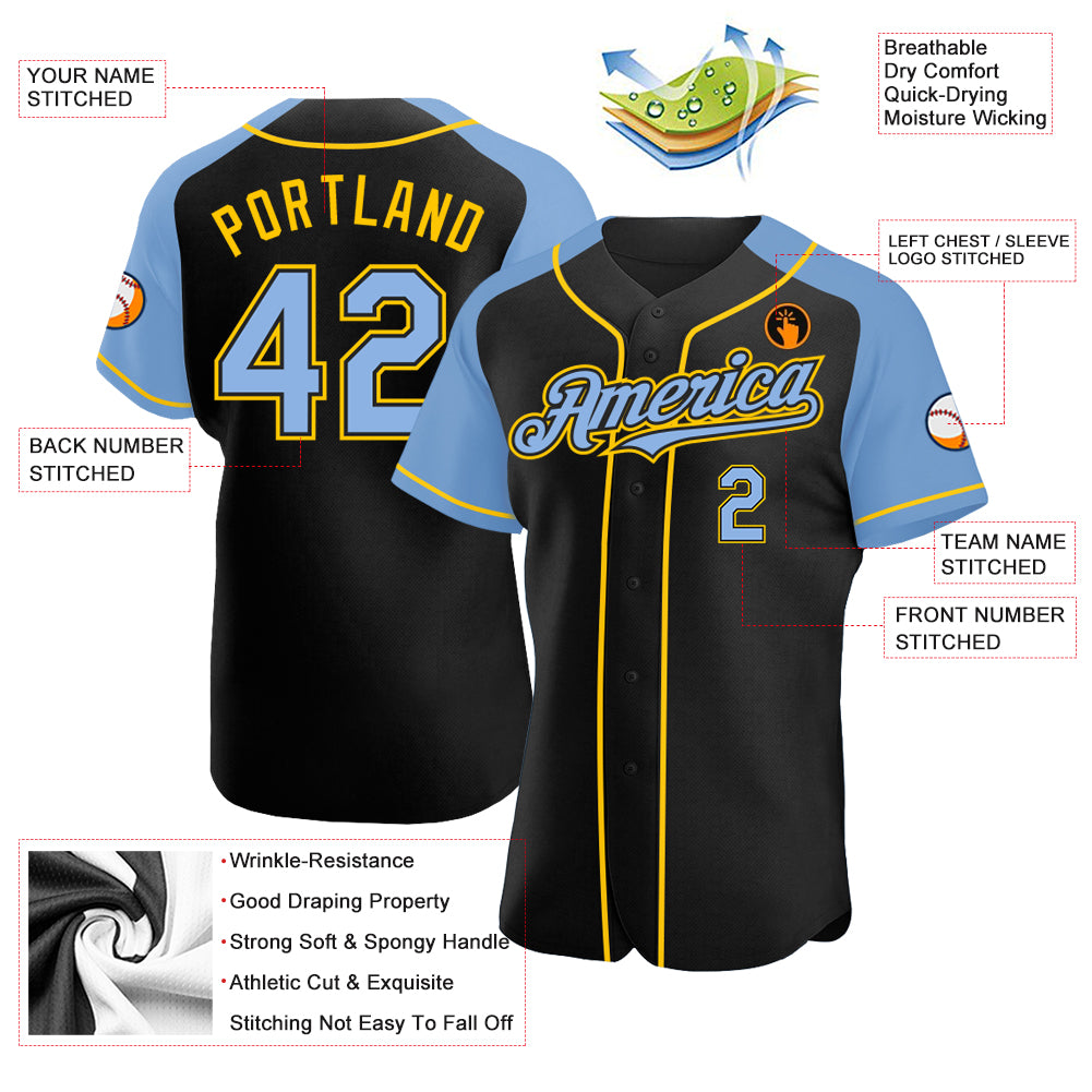 Personalized Black Light Blue-Yellow Authentic Raglan Sleeves Baseball Jersey Team Custom Name and Number Custom Personalized Black Light Blue Yellow Baseball Jersey with Authentic Raglan Sleeves, Team Name and Number Personalized - Image 3