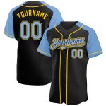 Custom Personalized Black Light Blue Yellow Baseball Jersey with Authentic Raglan Sleeves, Team Name and Number Personalized