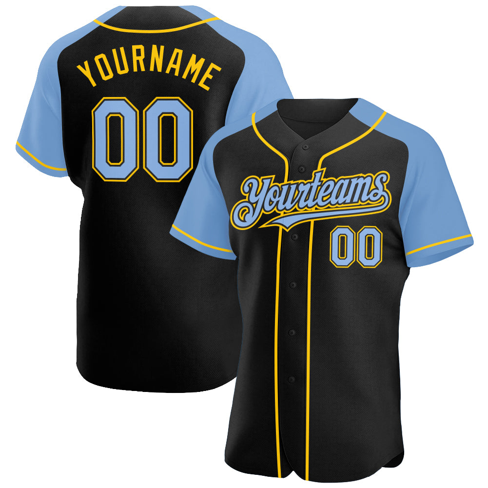 Custom Personalized Black Light Blue Yellow Baseball Jersey with Authentic Raglan Sleeves, Team Name and Number Personalized