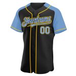 Personalized Black Light Blue Yellow Baseball Jersey with Raglan Sleeves Personalized Black Light Blue-Yellow Raglan Sleeves