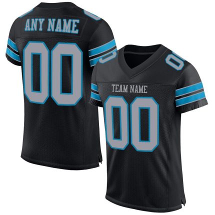Personalized Black and Gray Panther Blue Mesh Football Jersey for Kids and Adults Personalized Black Light Gray-Panther Blue