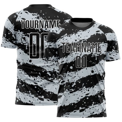 Personalized Soccer Uniform Jersey - Black Light Gray White Splash Sublimation Design Personalized Black Light Gray-White