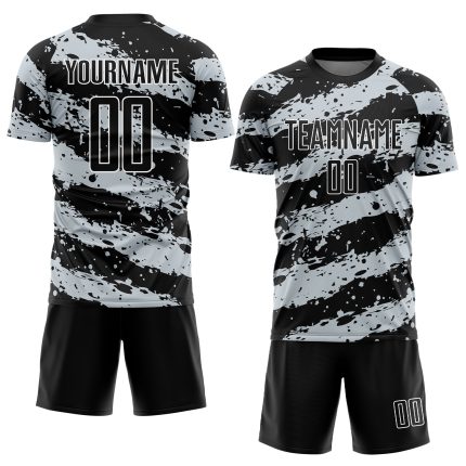 Personalized Soccer Uniform Jersey - Black Light Gray White Splash Sublimation Design Personalized Black Light Gray-White