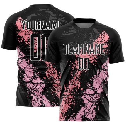 Custom Sublimation Soccer Uniform Jersey with Personalized Name and Number - Black Light Pink-Medium Pink Dripping Splatter Art