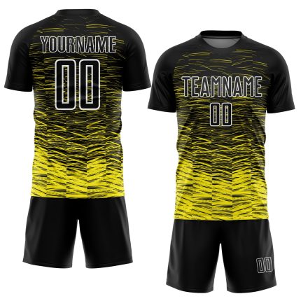 Custom Black Light Yellow Sublimation Soccer Uniform Jersey Personalized Black Light Yellow-White Line Sublimation Soccer