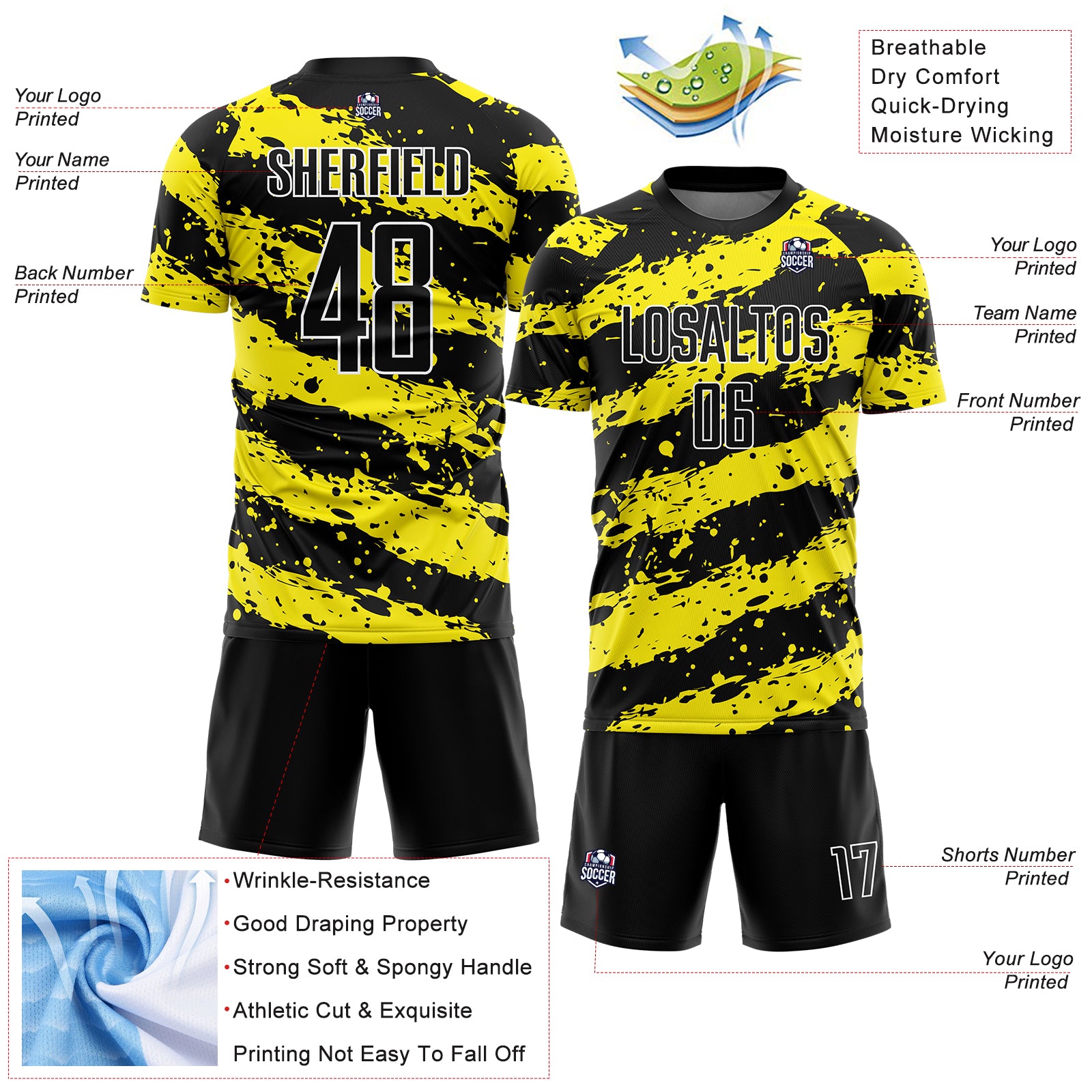 Personalized Yellow White Splash Black Sublimation Soccer Jersey Uniform Personalized Black Light Yellow-White Splash Sublimation - Image 4