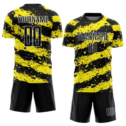 Personalized Yellow White Splash Black Sublimation Soccer Jersey Uniform Personalized Black Light Yellow-White Splash Sublimation