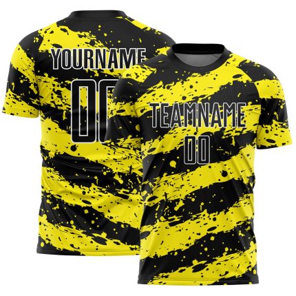 Custom Sublimation Soccer Jersey with Personalized Name & Number, Black Light Yellow-White Splash Team Uniform Personalized