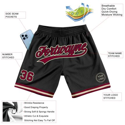 Personalized Black Maroon-Cream Authentic Basketball Shorts for Men and Women Personalized Black Maroon-Cream Authentic Throwback