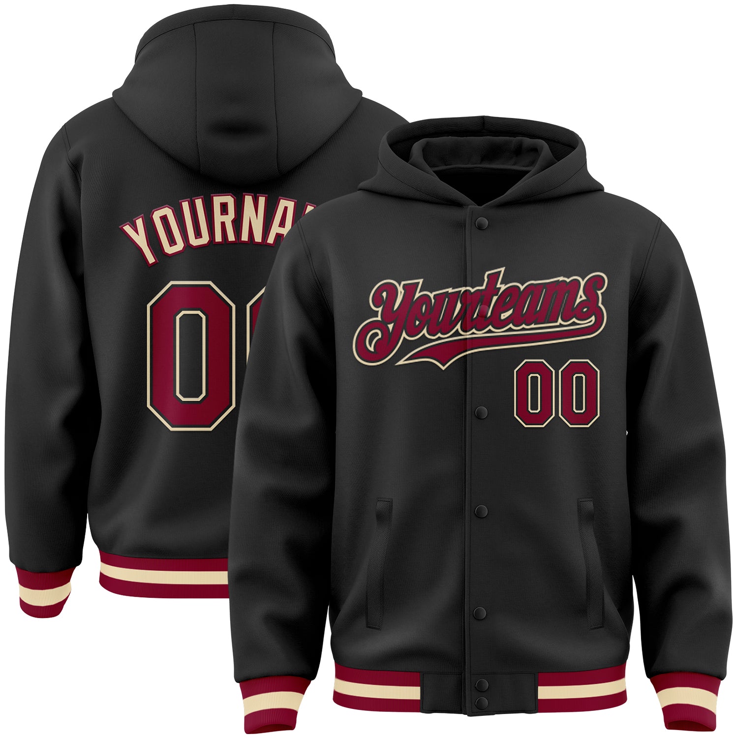 Custom Name Number Bomber Hoodie Jacket Full Snap Varsity Letterman in Black Maroon Cream - Personalized Team Apparel Personalized