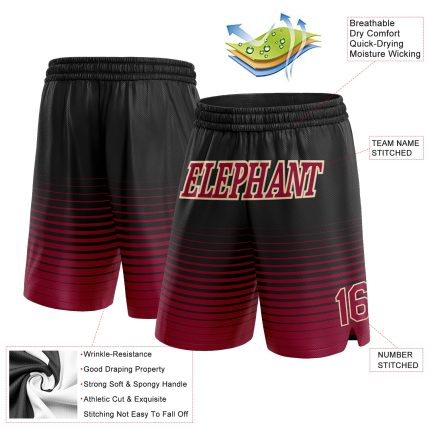 Custom Name and Number Basketball Shorts - Personalized Black Maroon-Cream Pinstripe Fade Fashion Design Personalized Black