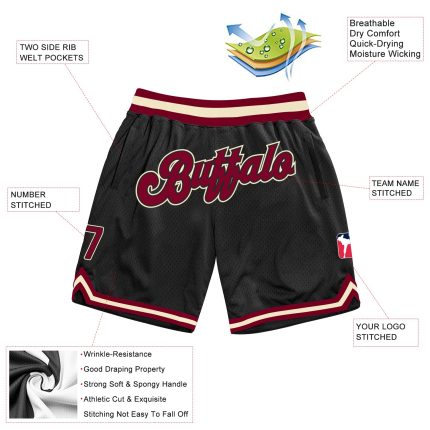 Personalized Basketball Shorts in Black Maroon-Cream Throwback Style Personalized Black Maroon-Cream Throwback Basketball