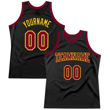 Custom Name and Number Personalized Black Maroon-Gold Basketball Jersey - Authentic Throwback Style Personalized Black Maroon-Gold