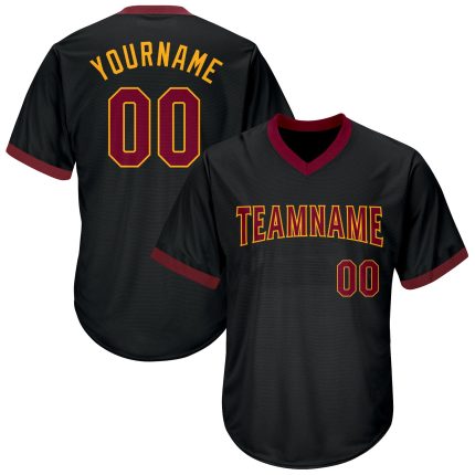 Custom Name & Number Baseball Jersey Shirt - Black Maroon Gold Authentic Throwback Rib-Knit Personalized Black Maroon-Gold