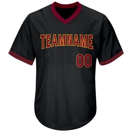 Custom Name & Number Baseball Jersey Shirt - Black Maroon Gold Authentic Throwback Rib-Knit Personalized Black Maroon-Gold