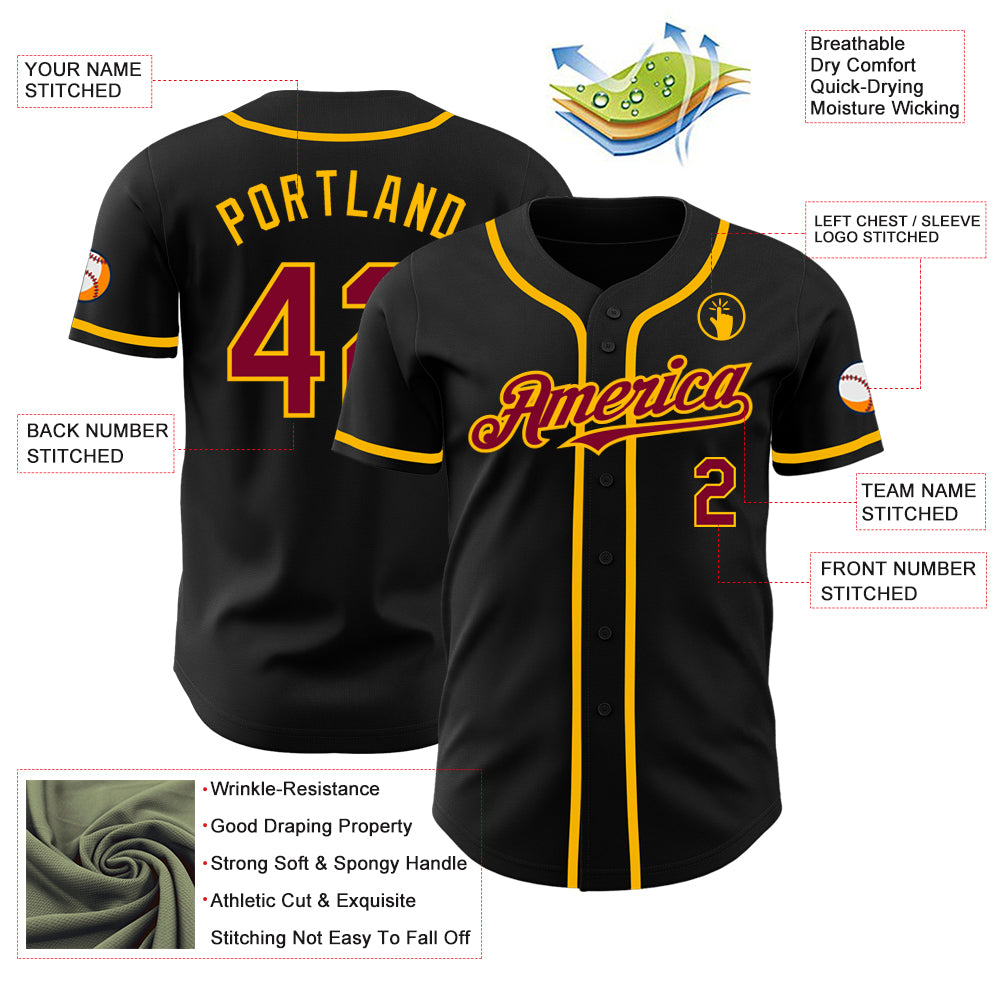 Personalized Black Maroon-Gold Baseball Jersey Custom Black Maroon Gold Baseball Jersey - Personalized Sports Apparel Personalized Black Maroon-Gold Baseball Jersey - Image 3
