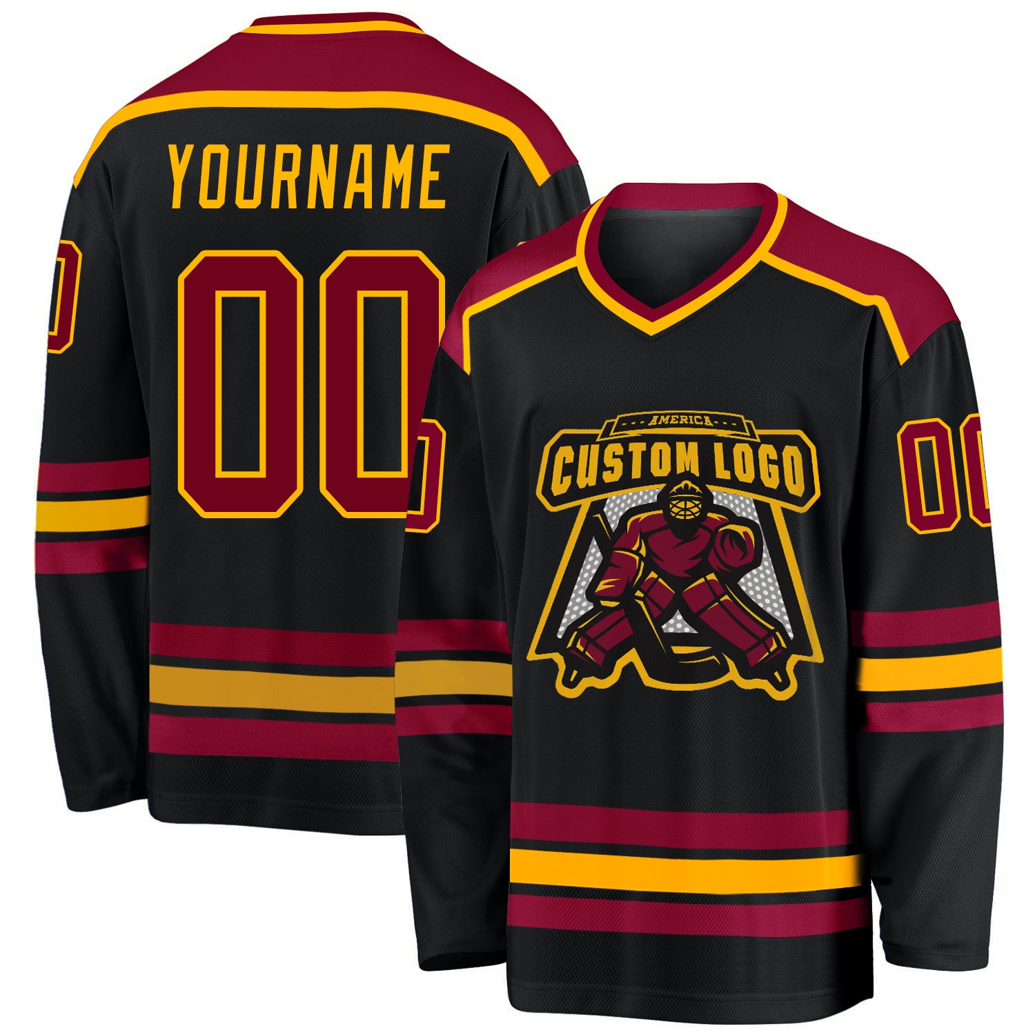 Personalized Hockey Jersey in Black, Maroon, and Gold - Customizable Design Personalized Black Maroon-Gold Hockey Jersey