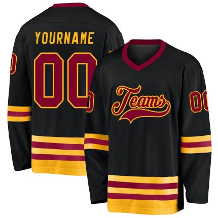 Custom Maroon Gold Hockey Jersey - Personalized Black Team Apparel Personalized Black Maroon-Gold Hockey Jersey