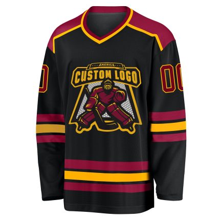 Personalized Hockey Jersey in Black, Maroon, and Gold - Customizable Design Personalized Black Maroon-Gold Hockey Jersey