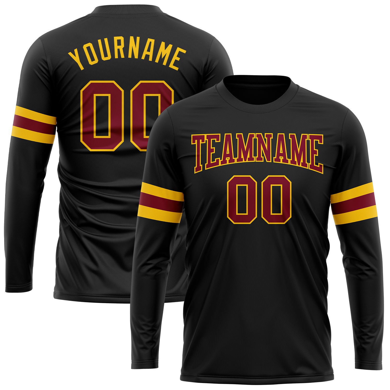 Custom Team Name Number Long Sleeve Performance T-Shirt Black Maroon Gold Personalized Personalized Black Maroon-Gold Long