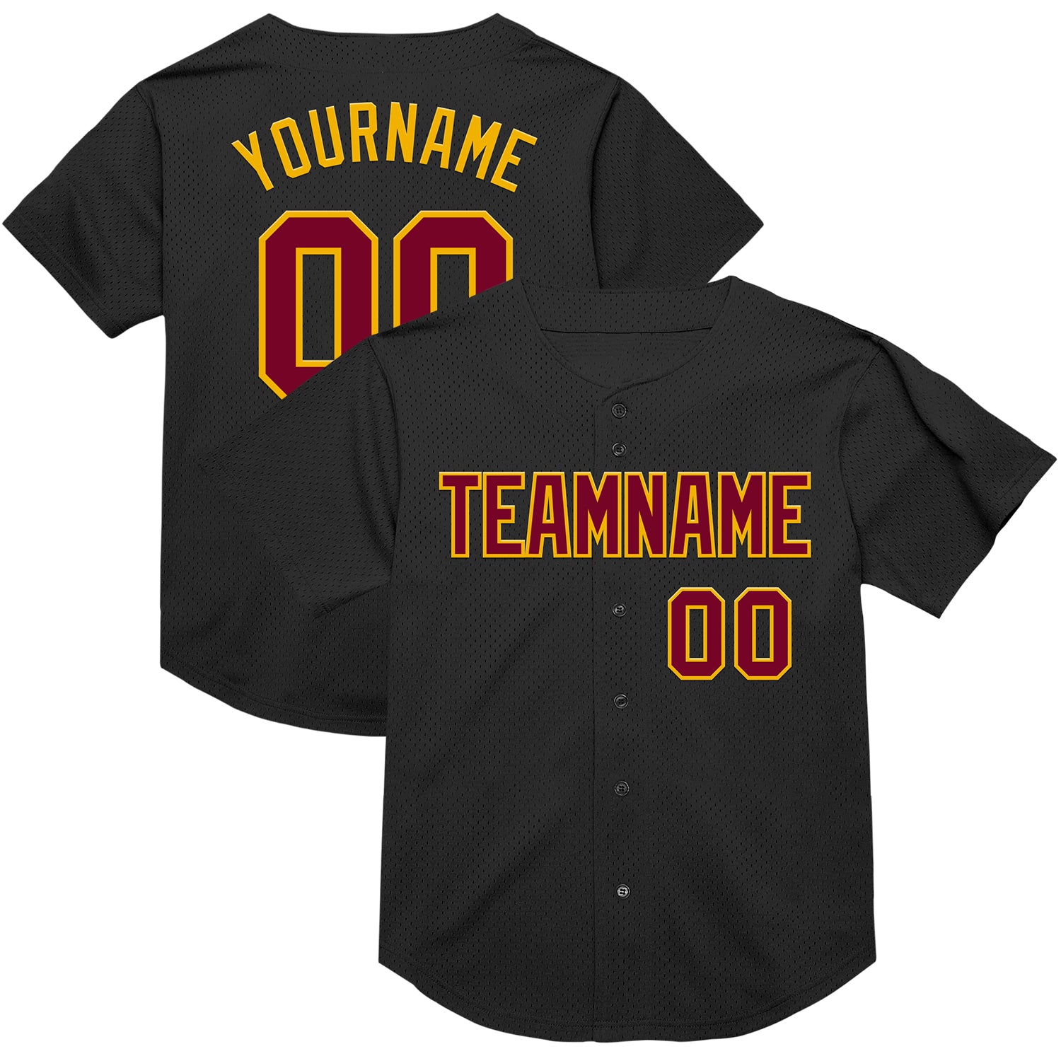 Personalized Black Maroon Gold Mesh Baseball Jersey - Custom Throwback Style Personalized Black Maroon-Gold Mesh Throwback