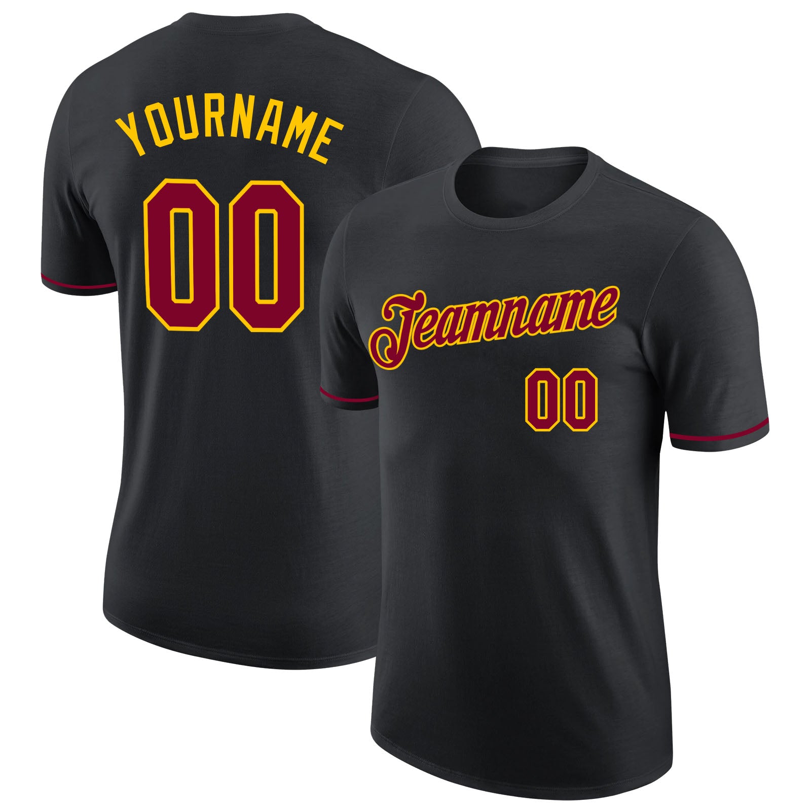 Custom Team Performance T-Shirt with Personalized Name and Number - Black Maroon-Gold Personalized Black Maroon-Gold Performance