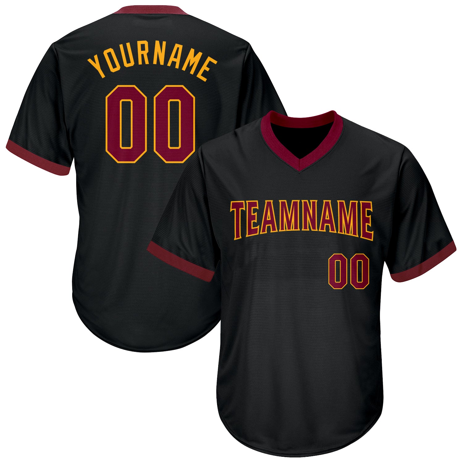 Personalized Baseball Jersey Shirt - Black Maroon-Gold Throwback Rib-Knit Design Personalized Black Maroon-Gold Throwback
