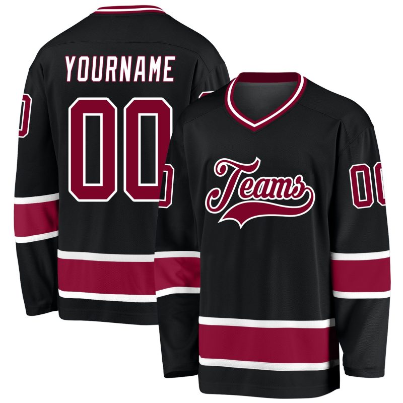 Custom Name and Number Personalized Hockey Jersey in Black Maroon-White Design Personalized Black Maroon-White Hockey Jersey