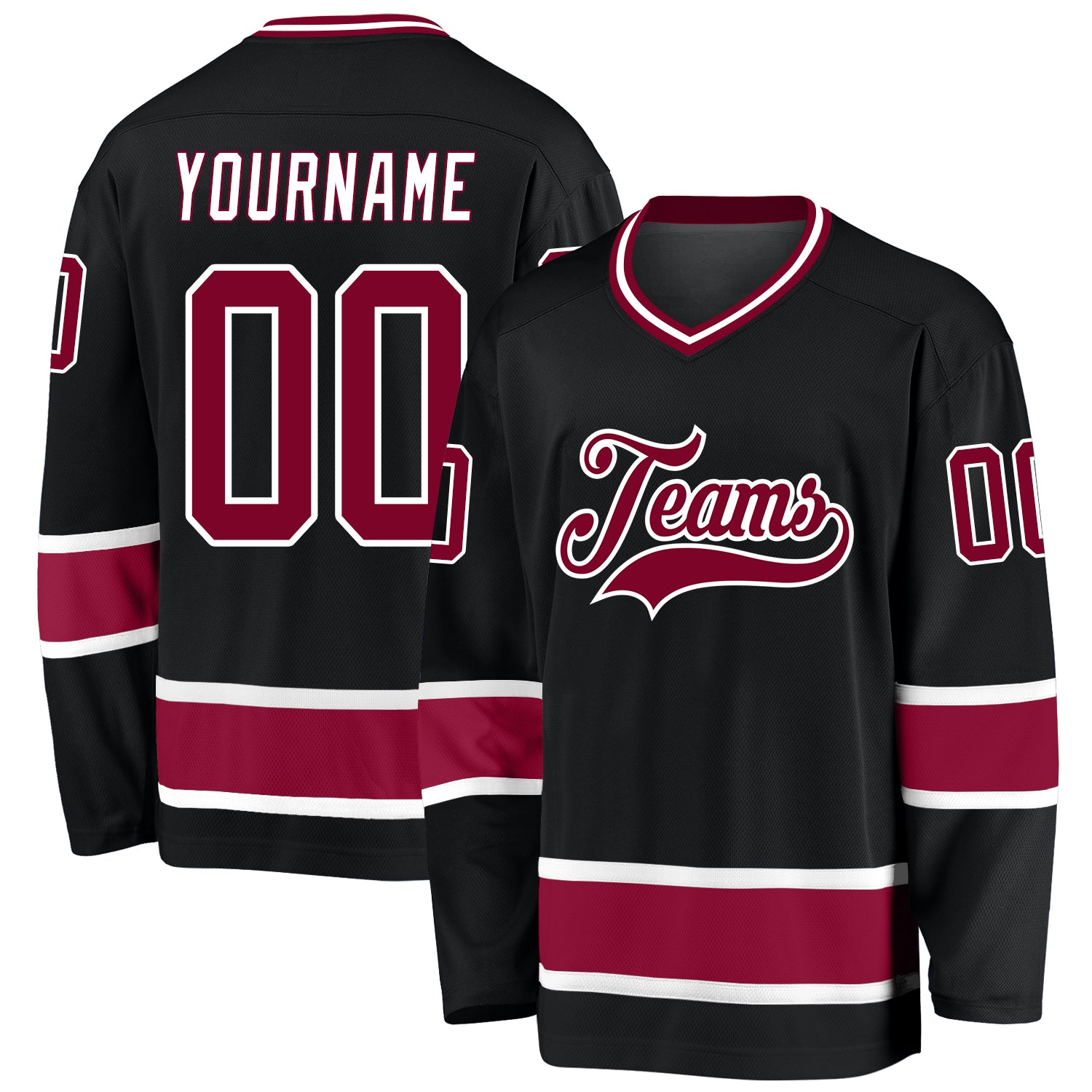Custom Name and Number Personalized Hockey Jersey in Black Maroon-White Design Personalized Black Maroon-White Hockey Jersey