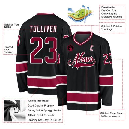 Custom Name and Number Personalized Hockey Jersey in Black Maroon-White Design Personalized Black Maroon-White Hockey Jersey