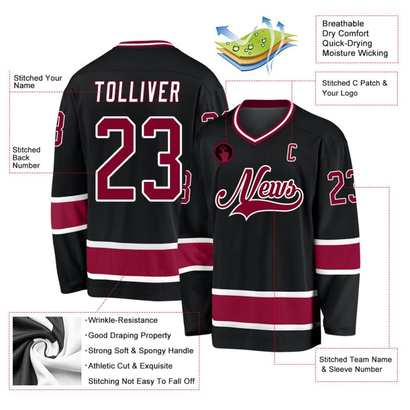 Custom Name and Number Personalized Hockey Jersey in Black Maroon-White Design Personalized Black Maroon-White Hockey Jersey