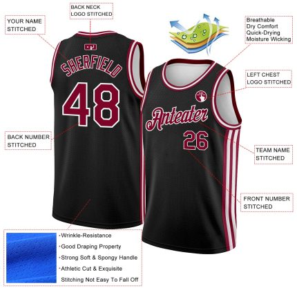 Custom Name and Number Authentic City Edition Basketball Jersey - Personalized Black Maroon-White Side Stripes Personalized