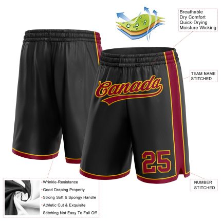 Personalized Basketball Shorts in Black Maroon and Yellow - Custom Sportswear Personalized Black Maroon-Yellow Basketball