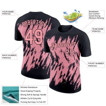Personalized 3D Abstract Black Pink Performance T-Shirt - Medium Size, Sharp Shape Design Personalized Black Medium Pink