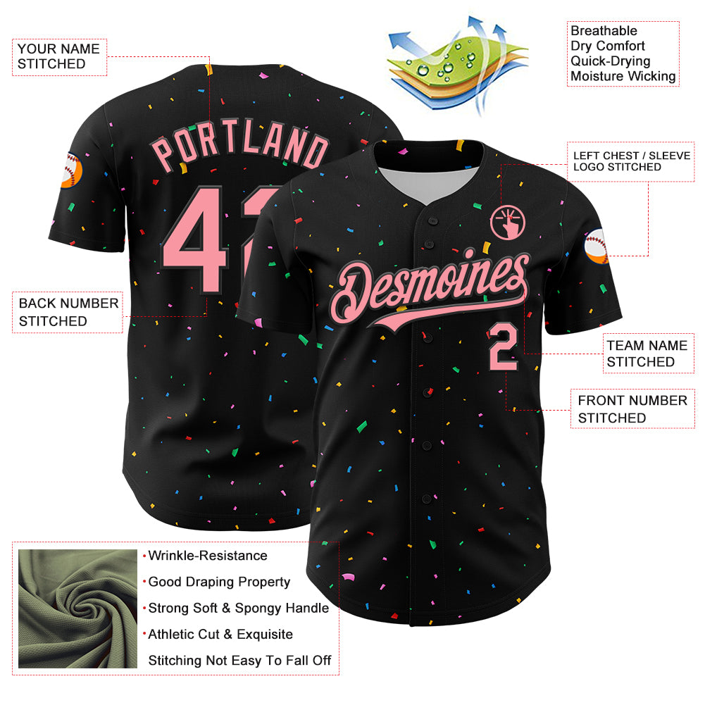 Personalized Black Medium Pink 3D Confetti Baseball Jersey Personalized Black Pink 3D Confetti Baseball Jersey - Medium Size Personalized Black Medium Pink 3D Confetti Baseball Jersey - Image 3