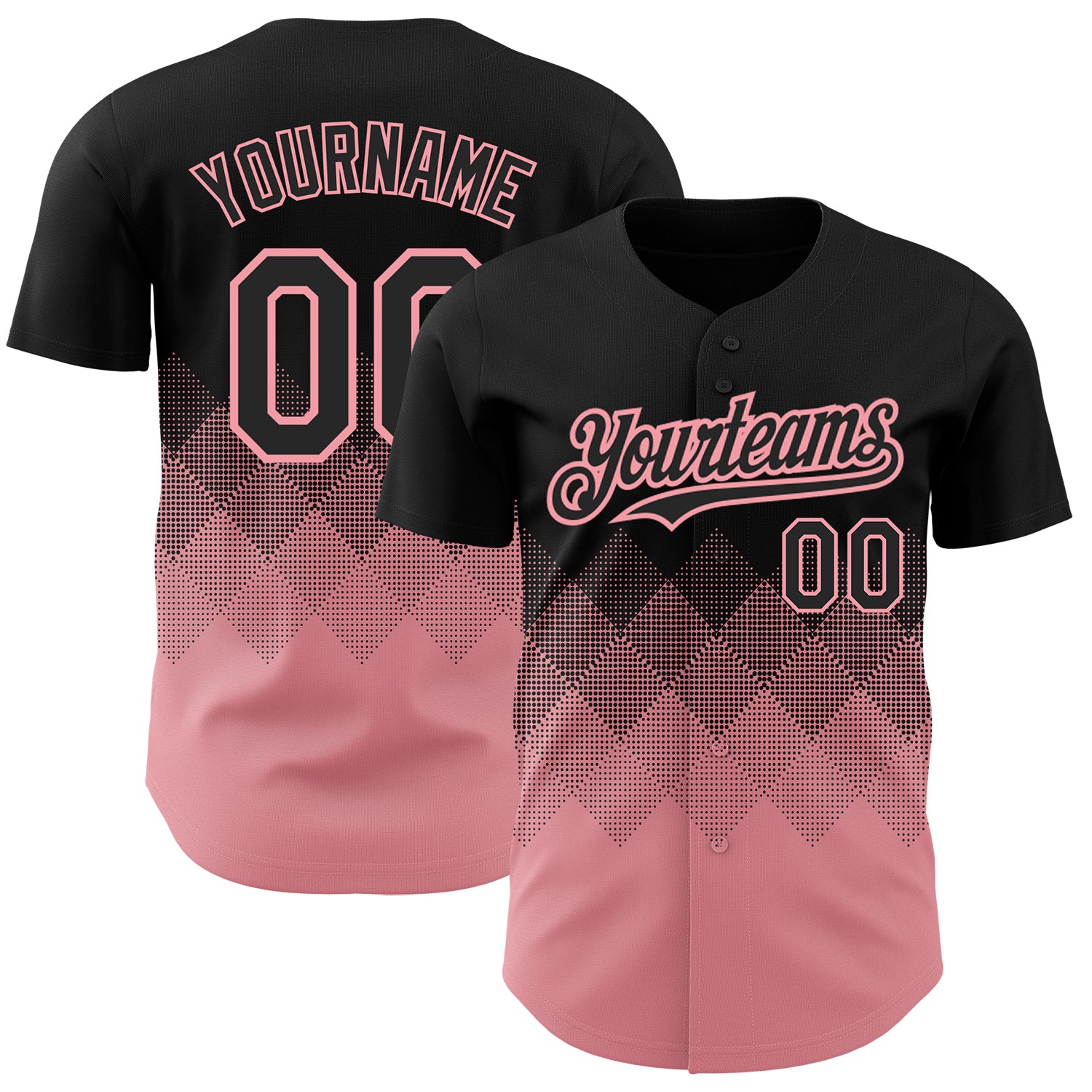 Personalized Black Pink 3D Gradient Baseball Jersey - Medium Square Shapes Design Personalized Black Medium Pink 3D Gradient