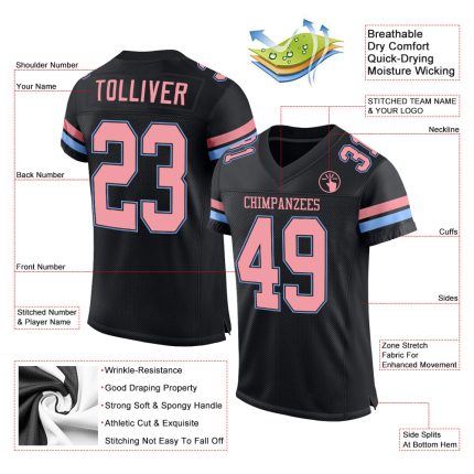 Personalized Black Pink Light Blue Mesh Football Jersey - Medium Size Personalized Black Medium Pink-Light Blue Mesh Football