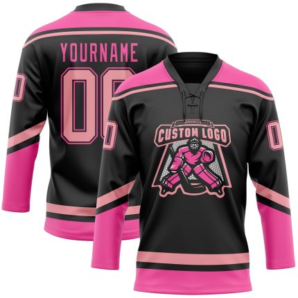 Personalized Pink Hockey Lace Neck Jersey - Black Medium Personalized Black Medium Pink-Pink Hockey Lace Neck Jersey