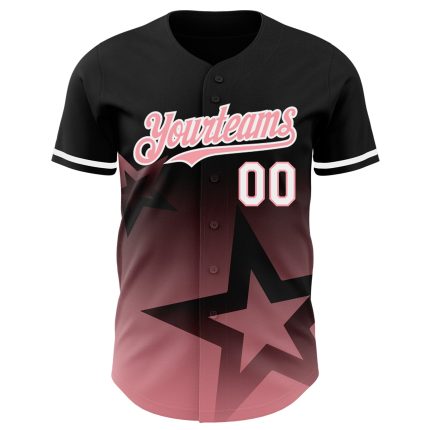 Personalized 3D Gradient Twinkle Star Baseball Jersey - Medium Black with Pink and White Personalized Black Medium Pink-White