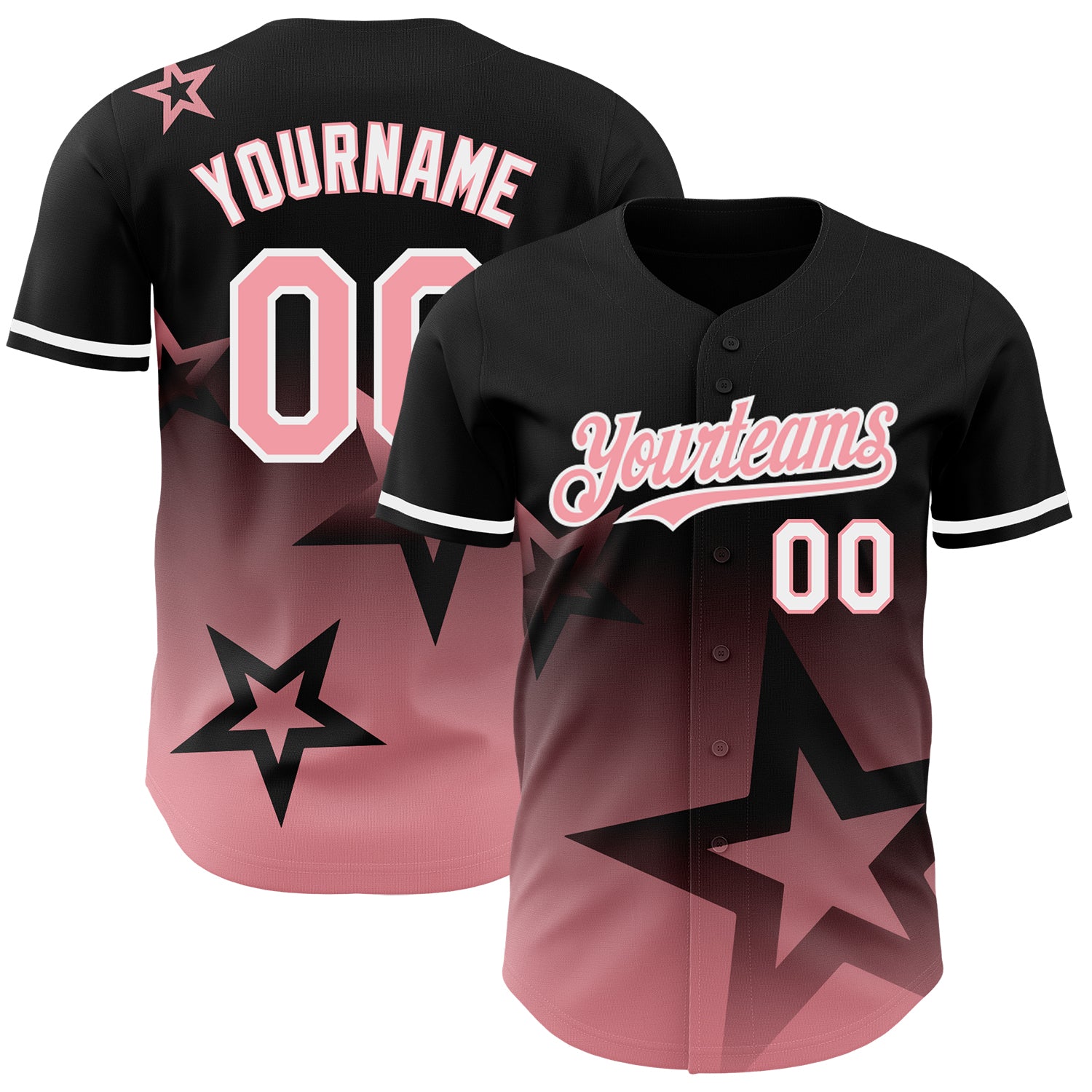 Personalized 3D Gradient Twinkle Star Baseball Jersey - Medium Black with Pink and White Personalized Black Medium Pink-White