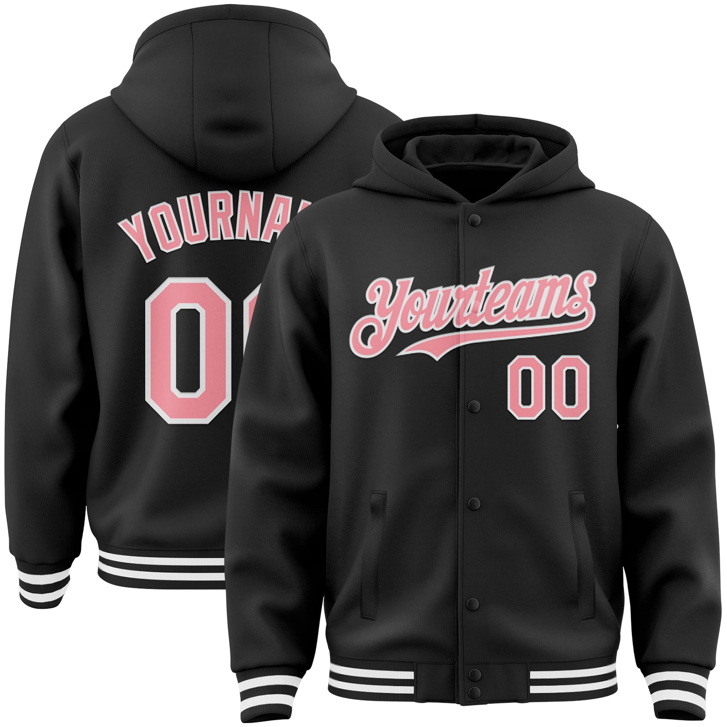 Custom Name Number Varsity Letterman Bomber Hoodie Jacket - Personalized Medium Black Pink-White Full-Snap Personalized Black